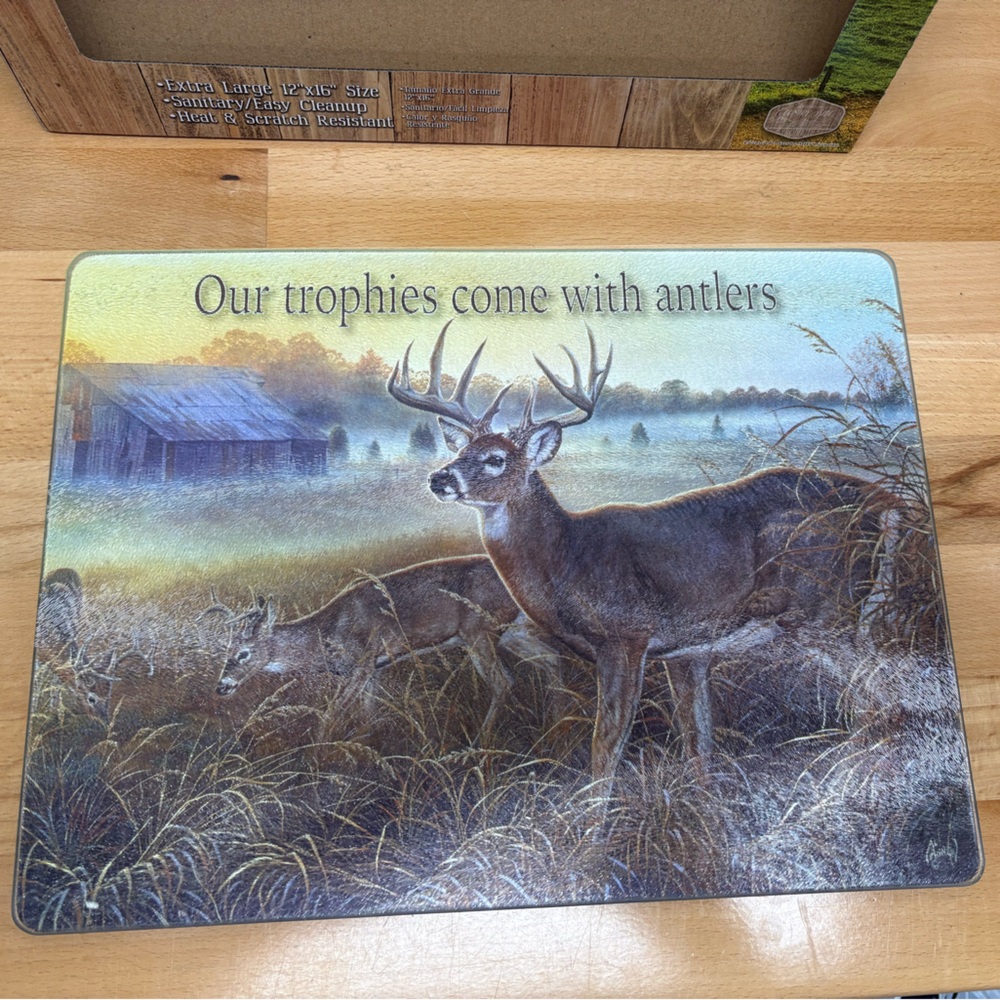 Trophy Bucks Tempered Glass Cutting Board 12”x16”. Whitetail Deer Hunting.